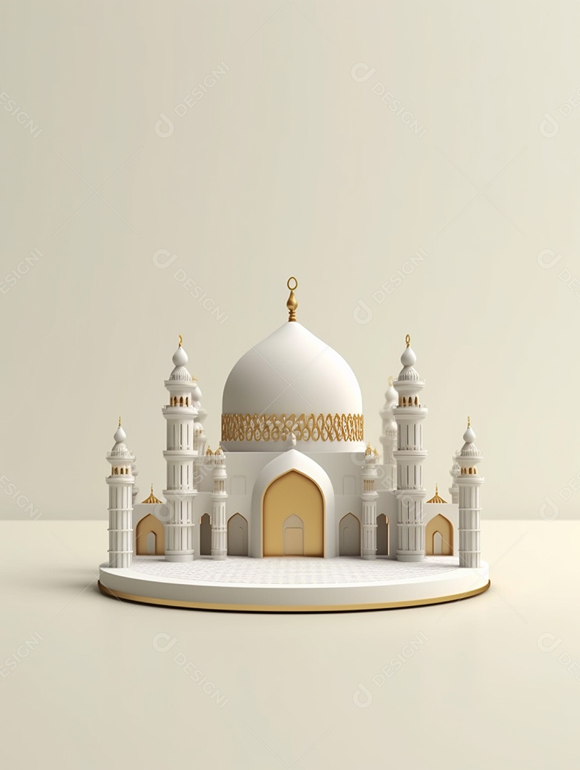 Mesquita islâmica bege com cúpula e torres.