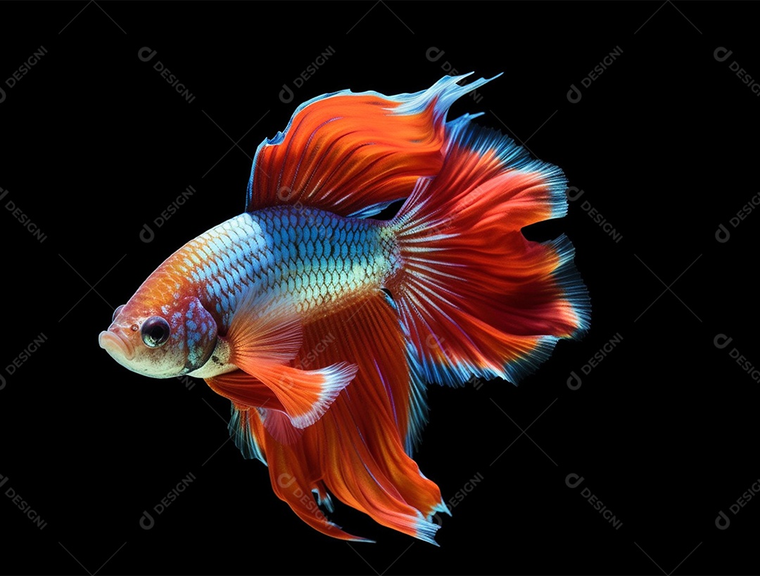 Peixe colorido nadando sobre fundo isolado preto.