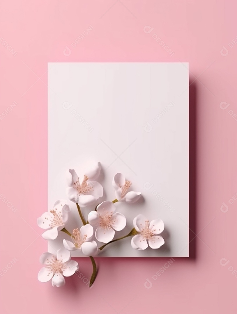 Papel em branco sobre fundo rosa com flores brancas.