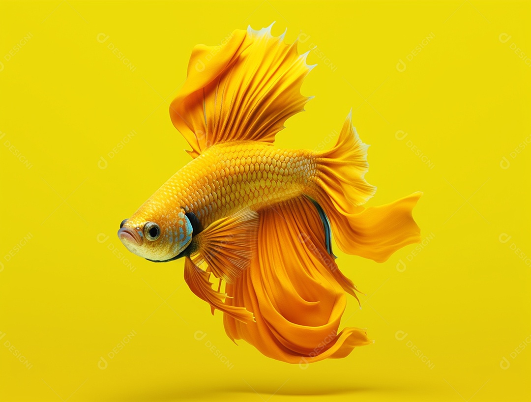 Peixe amarelo nadando sobre um fundo amarelo.