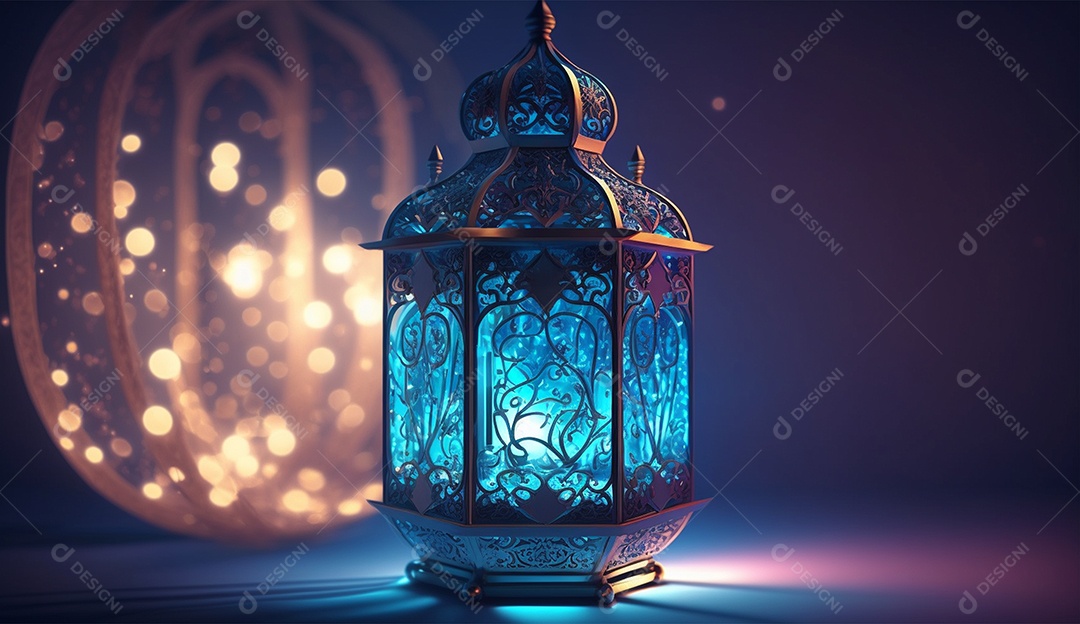 Lamparina islâmica sobre fundo com luzes desfocados.