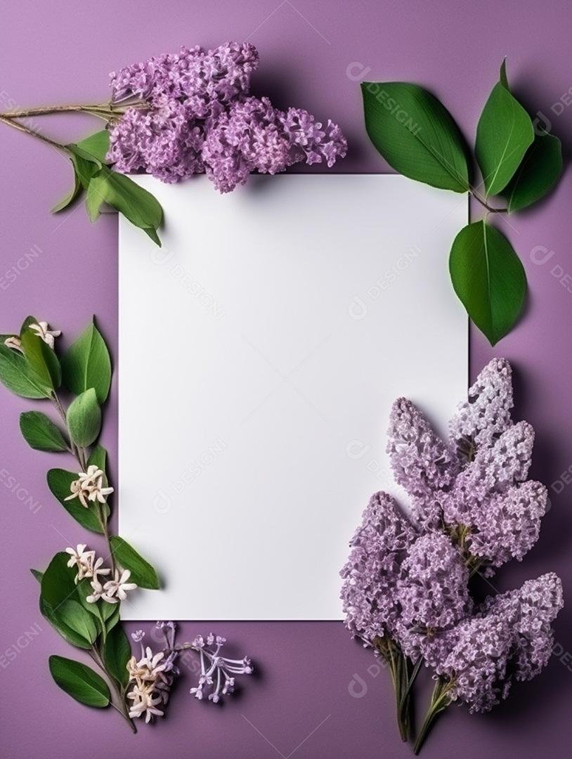 Papel em branco sobre fundo lilás com flores.