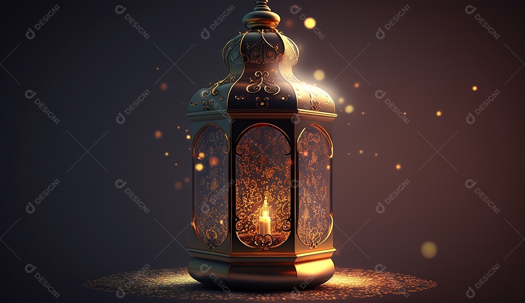 Lamparina islâmica sobre um fundo escuro com luzes.