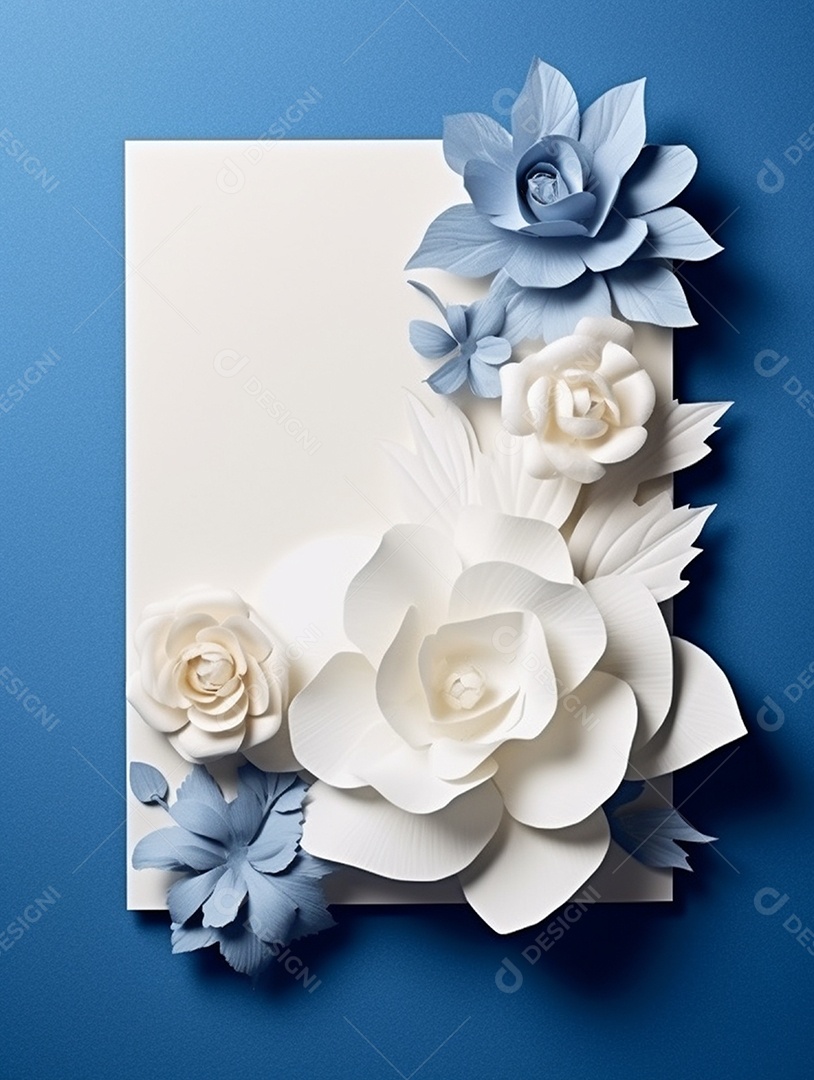 Papel em branco sobre fundo azul com flores.