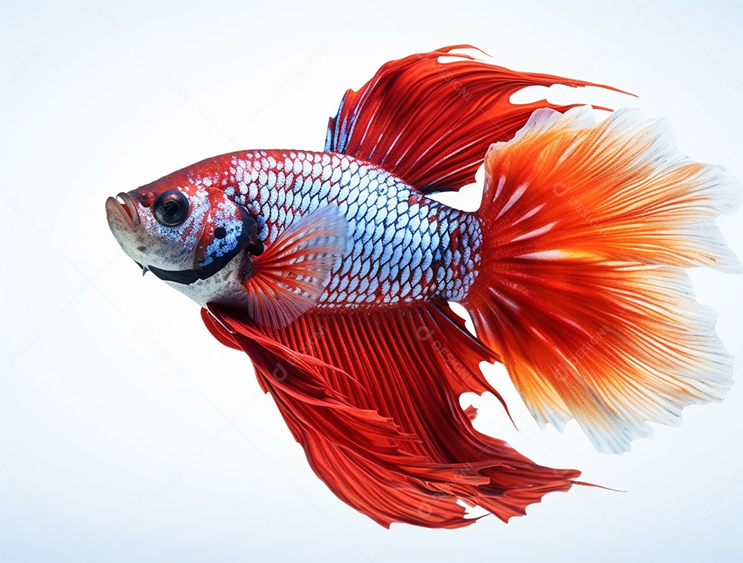 Peixe colorido nadando sobre fundo isolado branco.