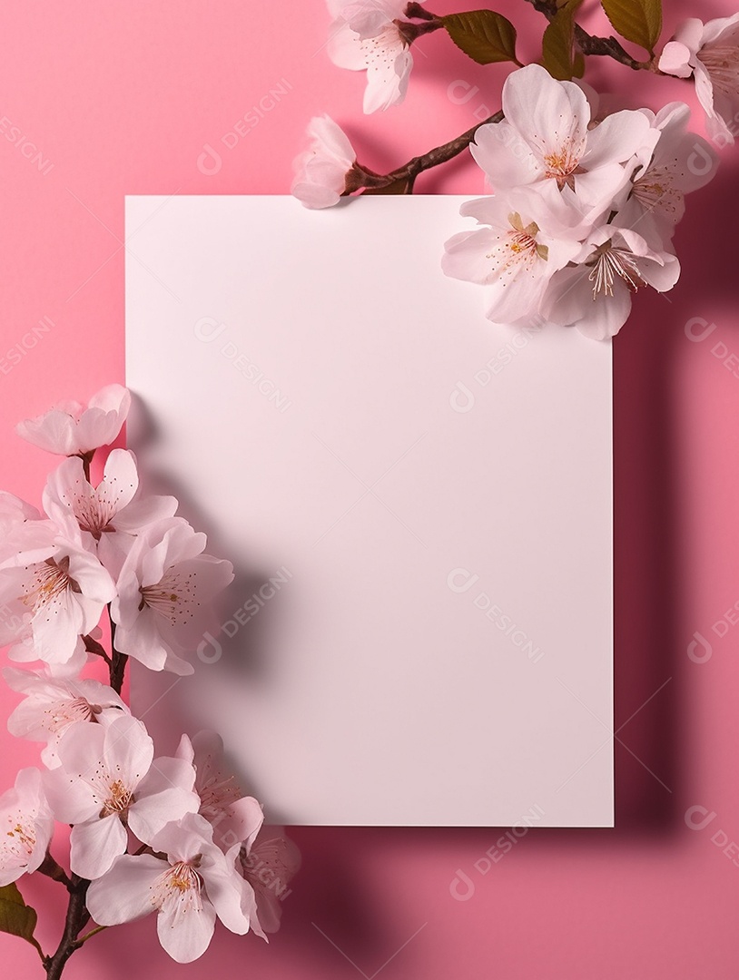 Papel em branco sobre fundo rosa com buquê de flores.