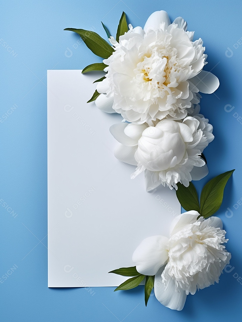 Papel em branco sobre fundo azul com buquê de flores brancas.