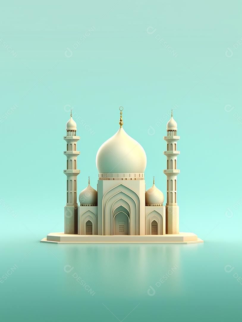 Mesquita islâmica bege com cúpula e torres.