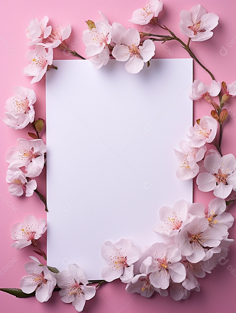 Papel em branco sobre fundo rosa com buquê de flores.