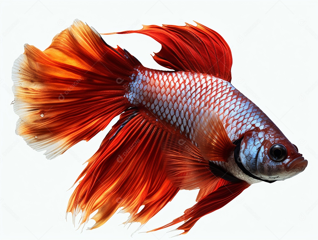 Peixe betta com cauda laranja nadando sobre fundo branco.