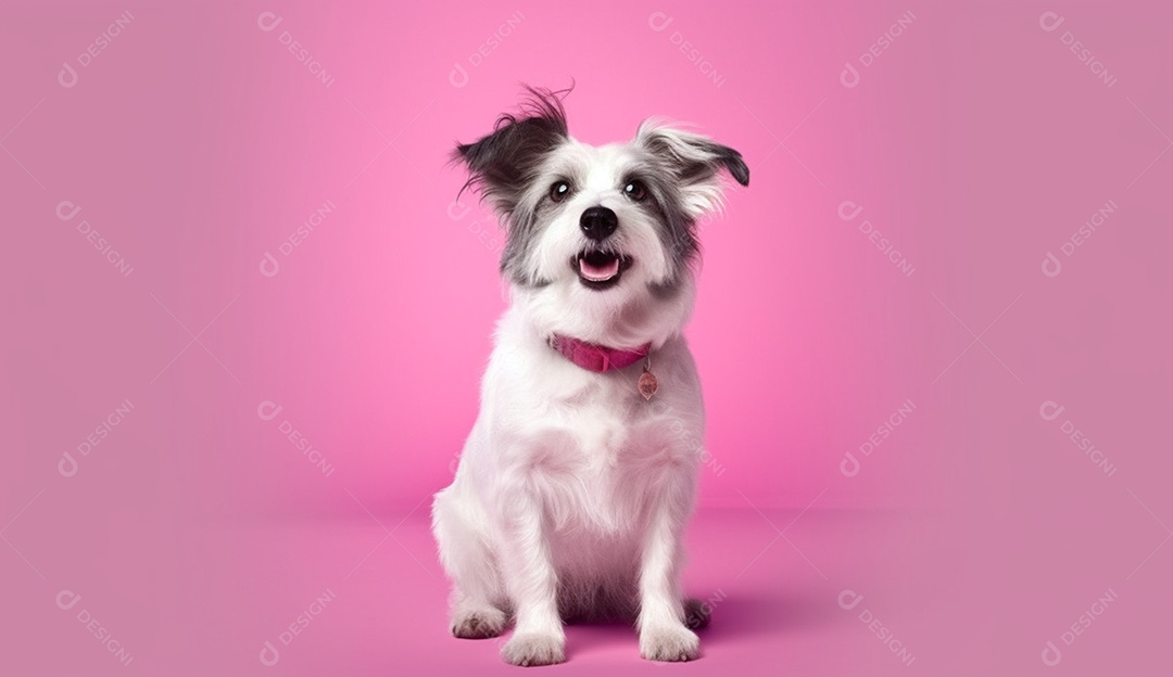 Cachorro de pelos brancos sobre fundo isolado rosa.