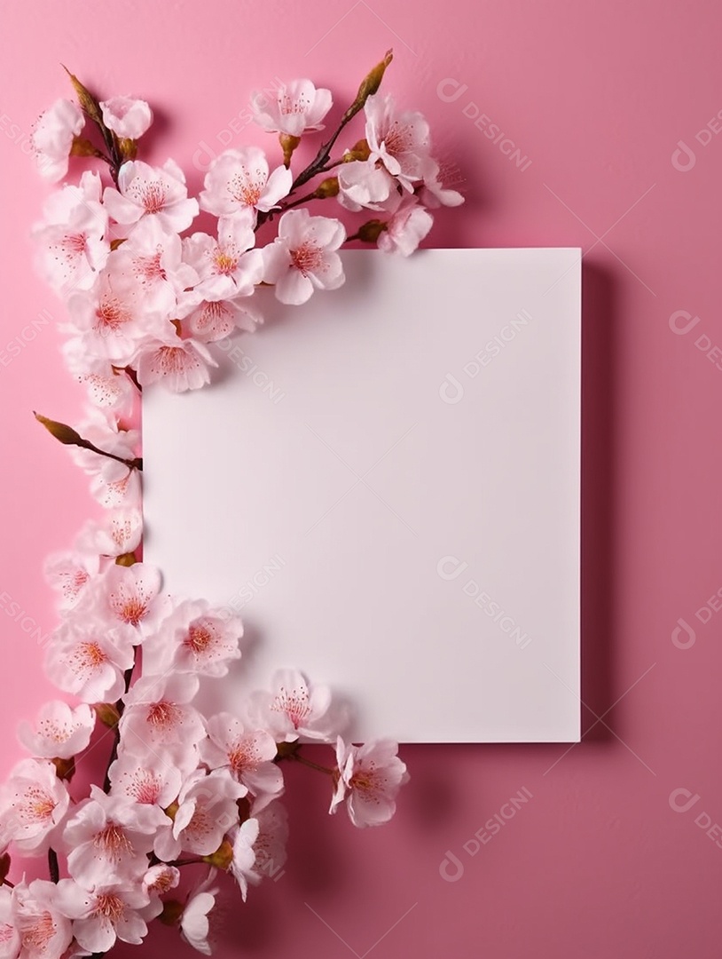 Papel em branco sobre fundo rosa com buquê de flores.