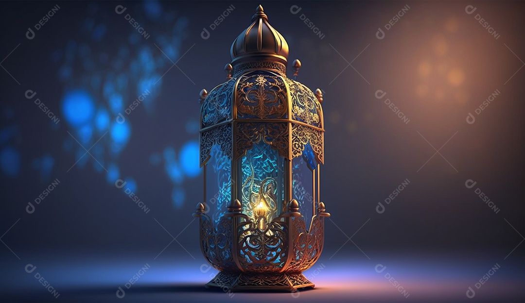 Lamparina islâmica sobre fundo com luzes desfocados.