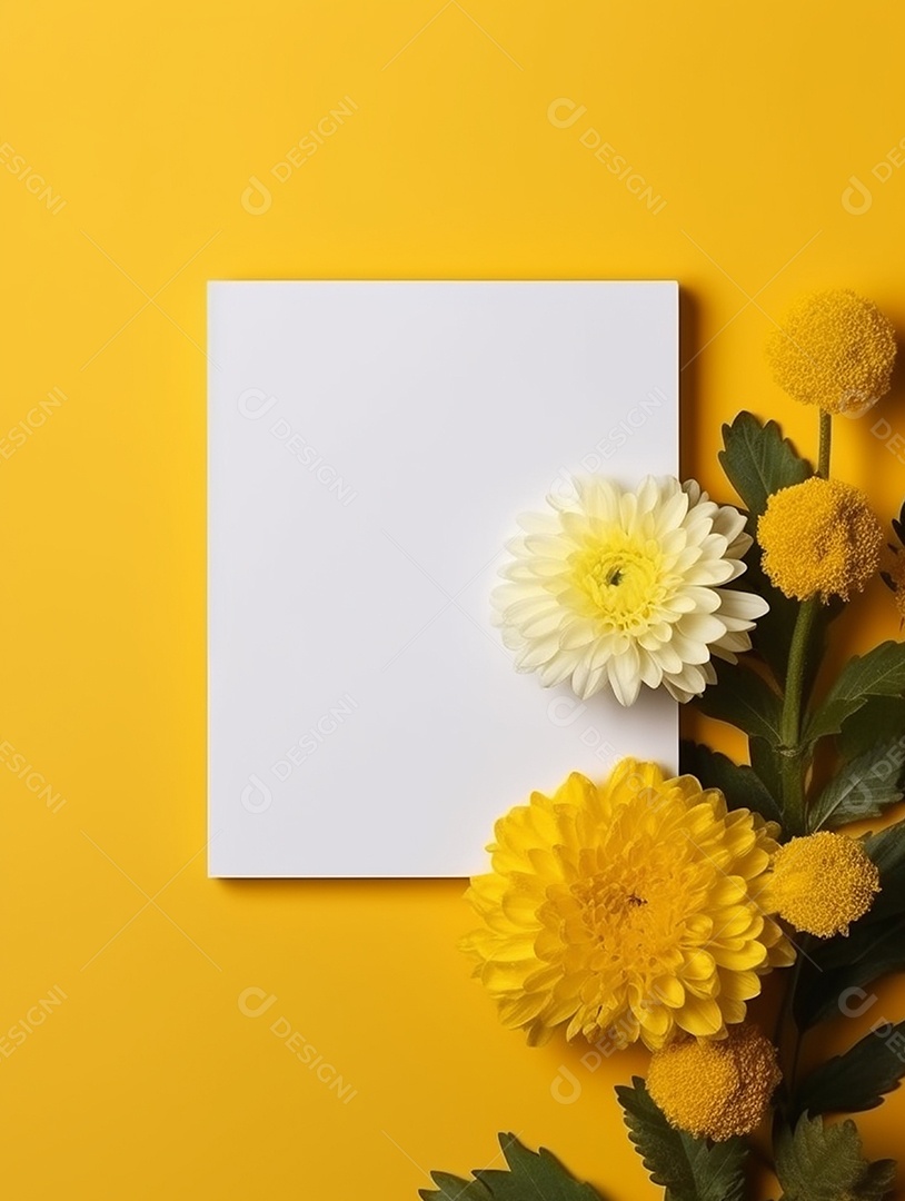 Papel em branco com flores sobre um fundo amarelo.