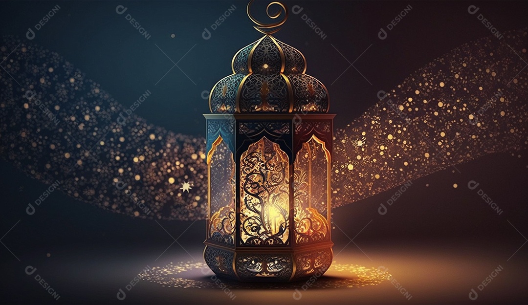 Lamparina islâmica sobre fundo com luzes desfocados.