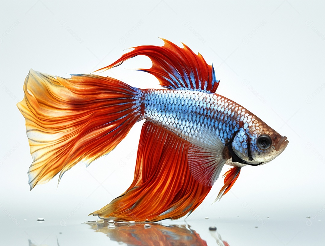 Peixe betta com cauda laranja nadando sobre fundo branco.