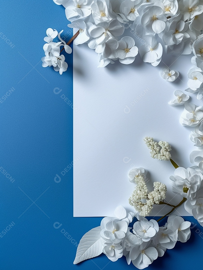 Papel em branco sobre fundo azul com buquê de flores brancas.