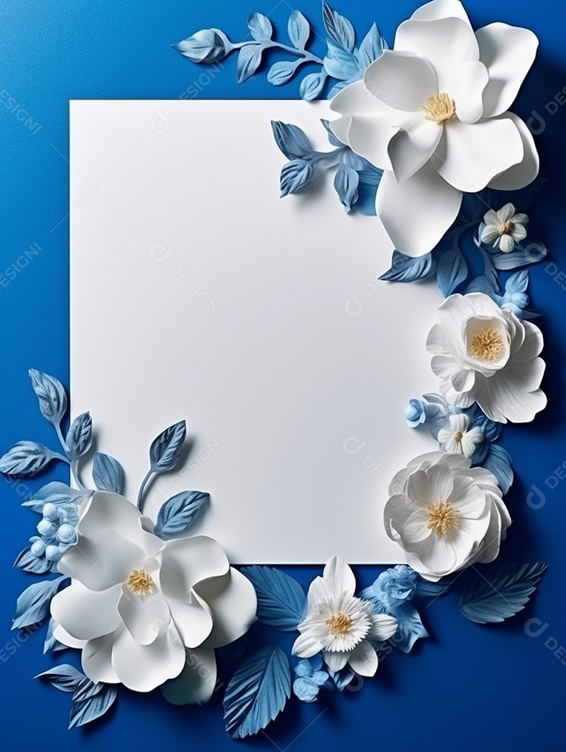 Papel em branco sobre fundo azul com flores brancas.
