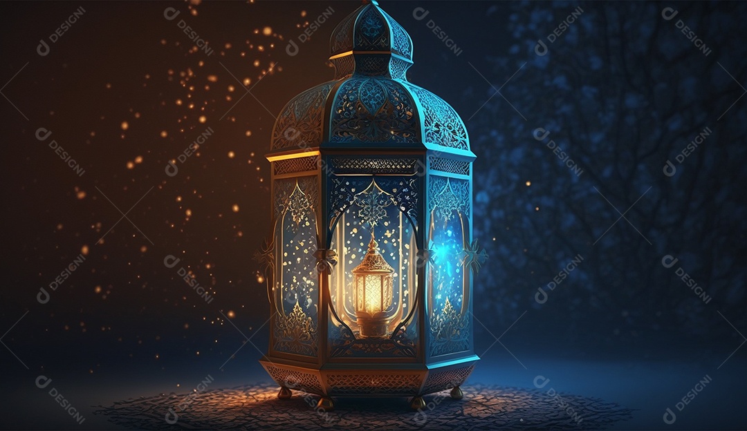Lamparina islâmica sobre fundo com luzes desfocados.