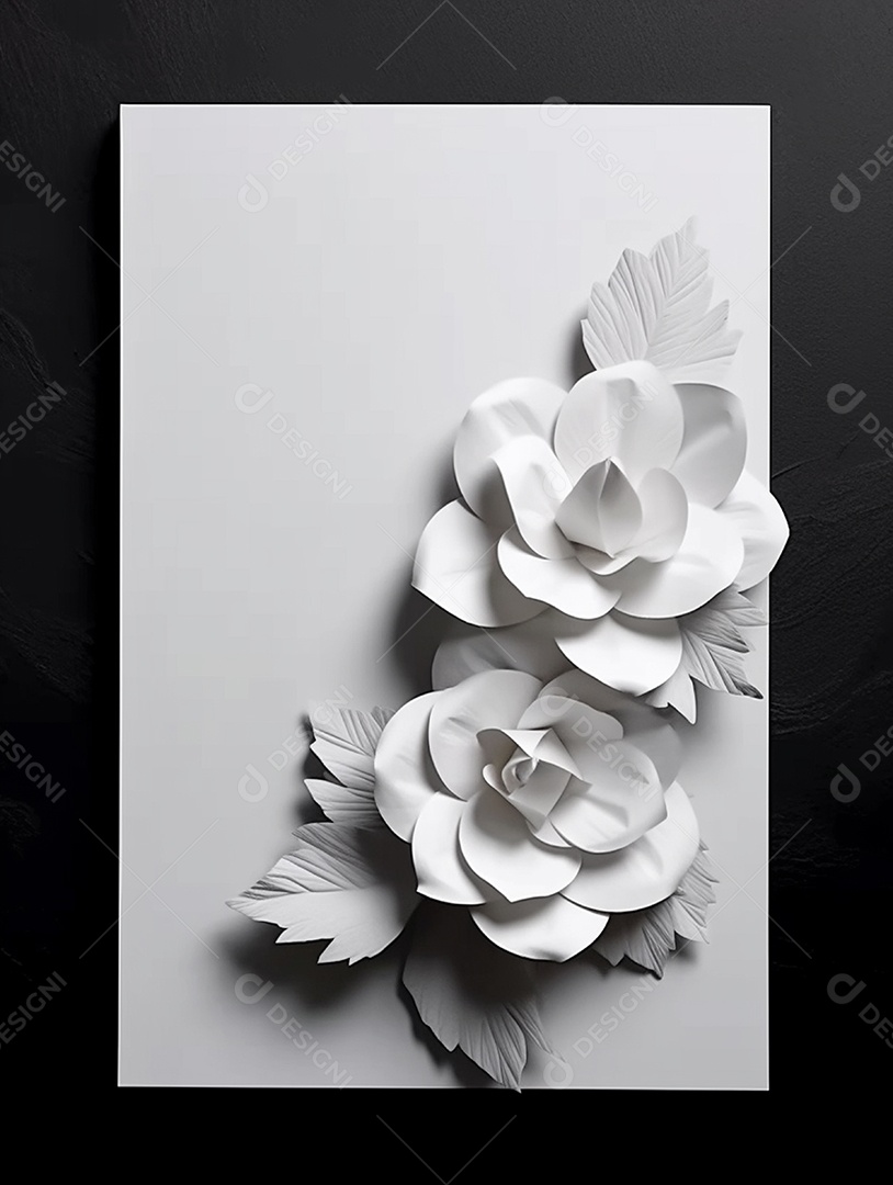 Flores brancas sobre um papel em branco em fundo preto.