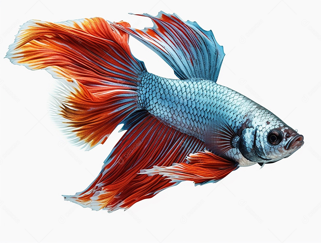 Peixe betta com cauda laranja nadando sobre fundo branco.