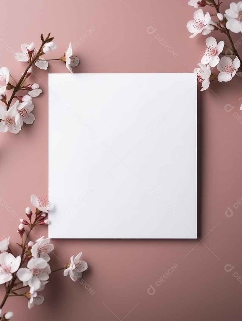 Papel em branco sobre fundo rosa com flores.