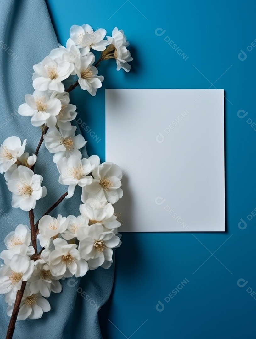 Papel em branco sobre fundo azul com buquê de flores.