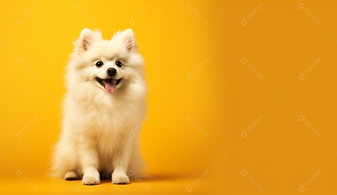 Lindo cachorro de pelo branco sobre fundo isolado amarelo.