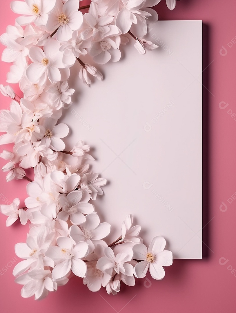 Papel em branco sobre fundo rosa com flores brancas.