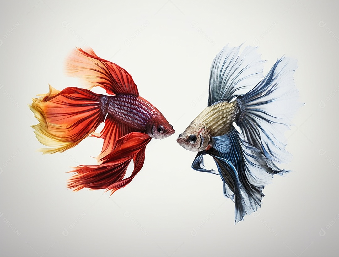 Dois peixe colorido nadando sobre fundo isolado branco.