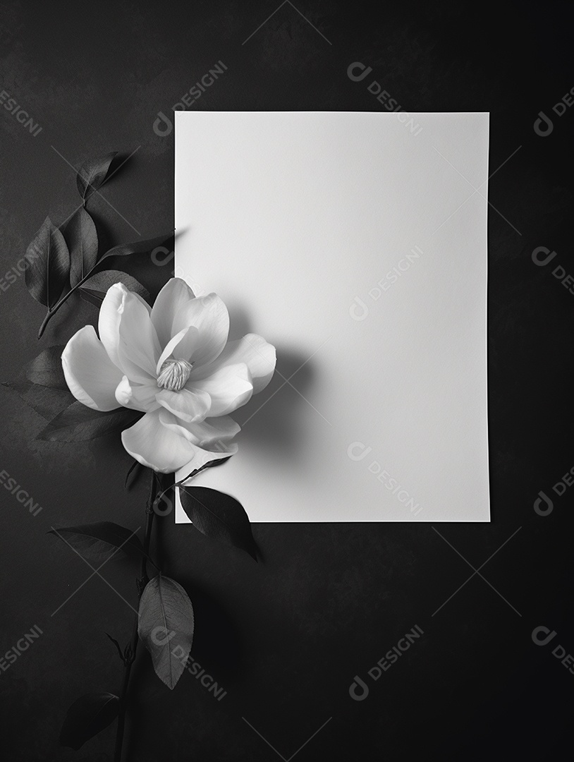 Papel em branco sobre fundo  preto com flor uma branca.