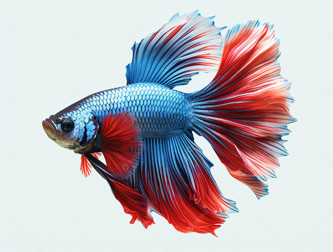 Peixe colorido nadando sobre fundo isolado branco.