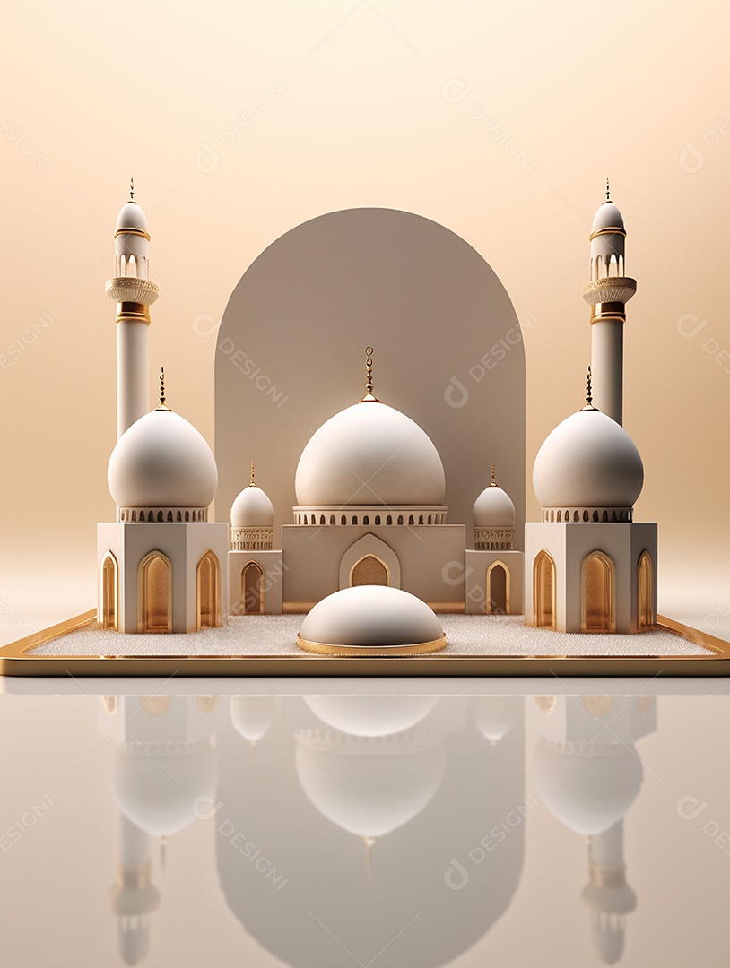 Mesquita islâmica bege com cúpula e torres.