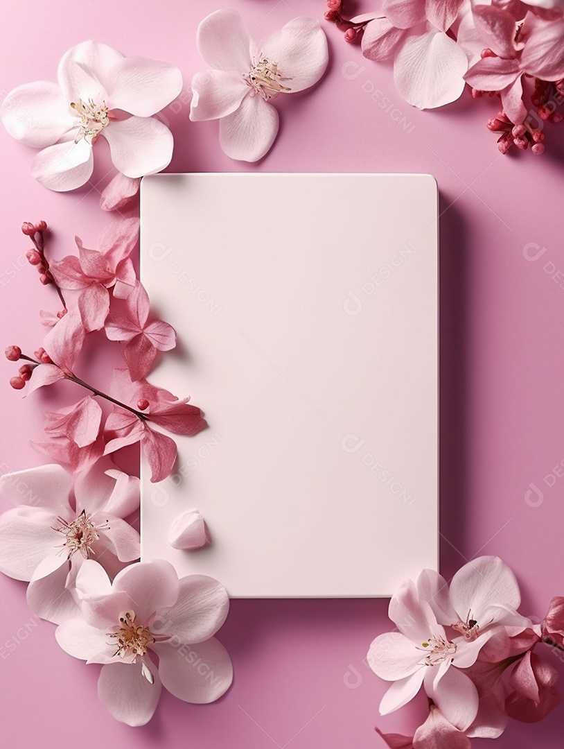 Papel em branco sobre fundo rosa com flores.