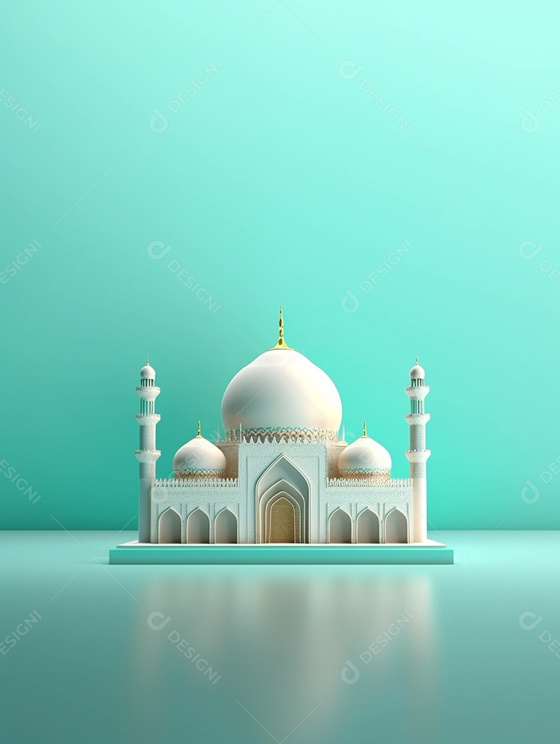 Mesquita islâmica branca com cúpula e torres.