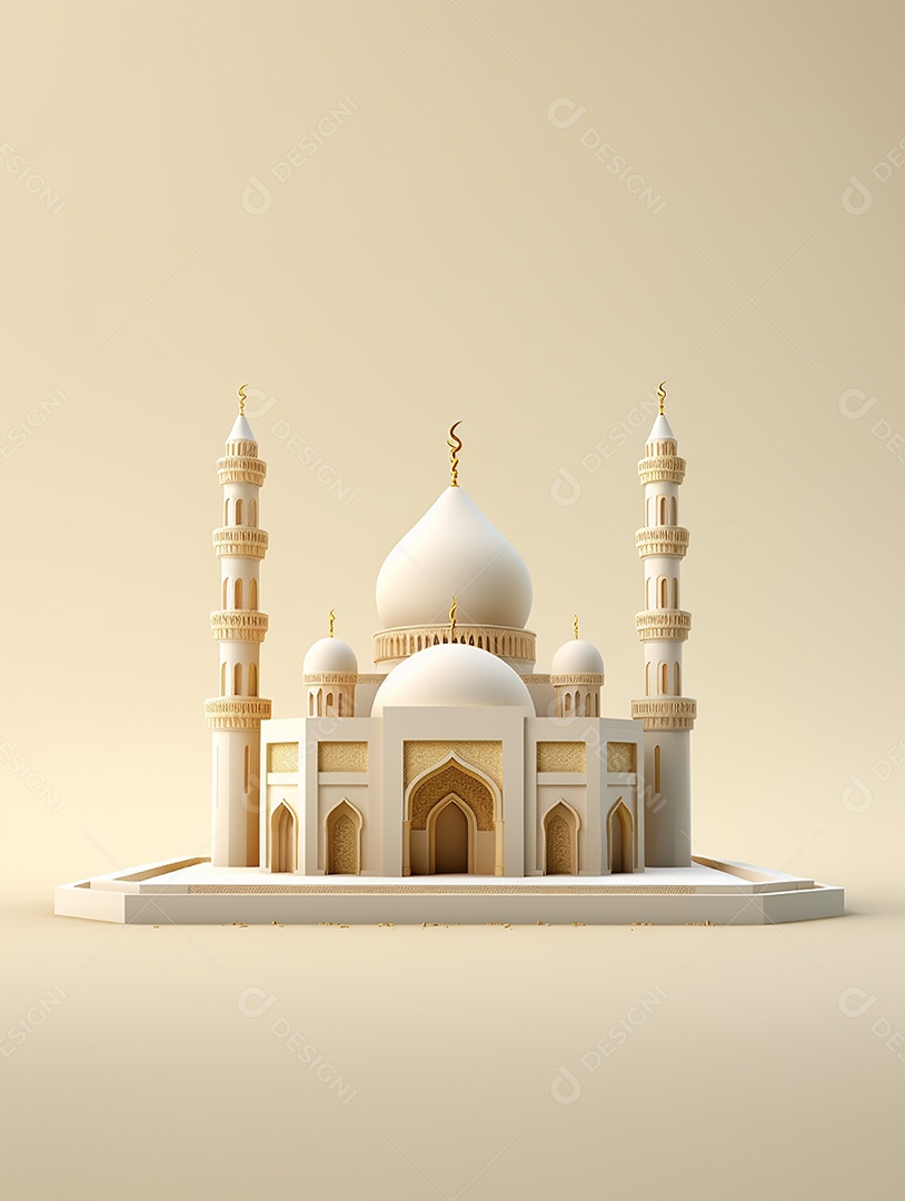 Mesquita islâmica bege com cúpula e torres.