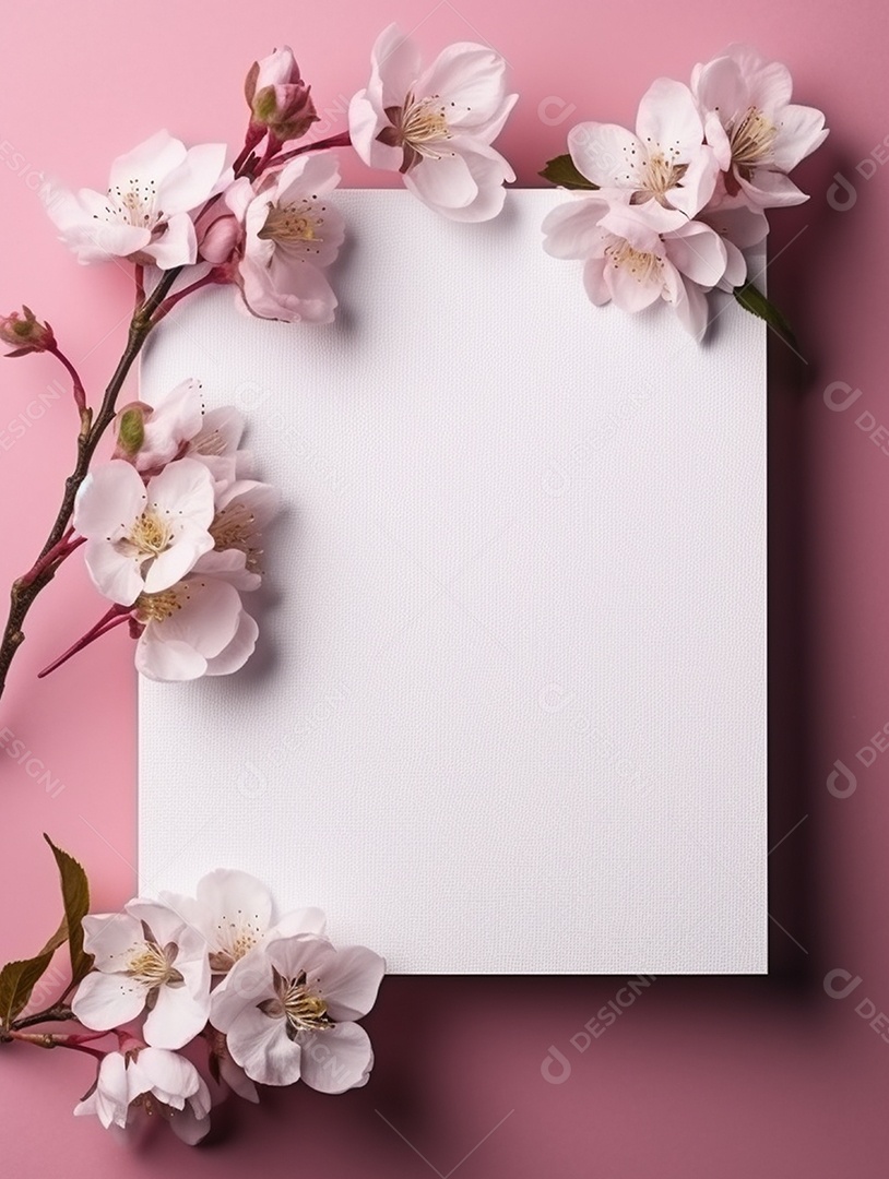 Papel em branco sobre fundo rosa com flores.