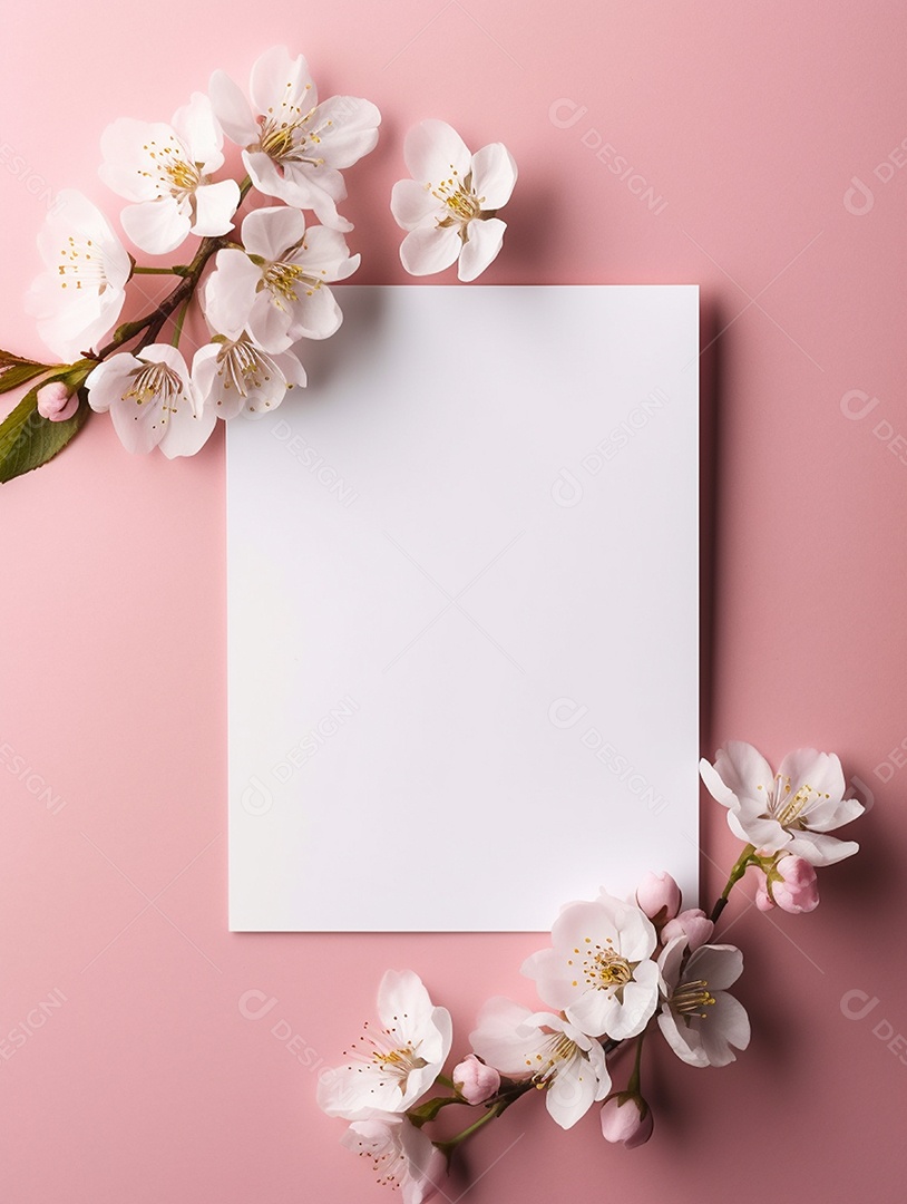Papel em branco sobre fundo rosa com buquê de flores.