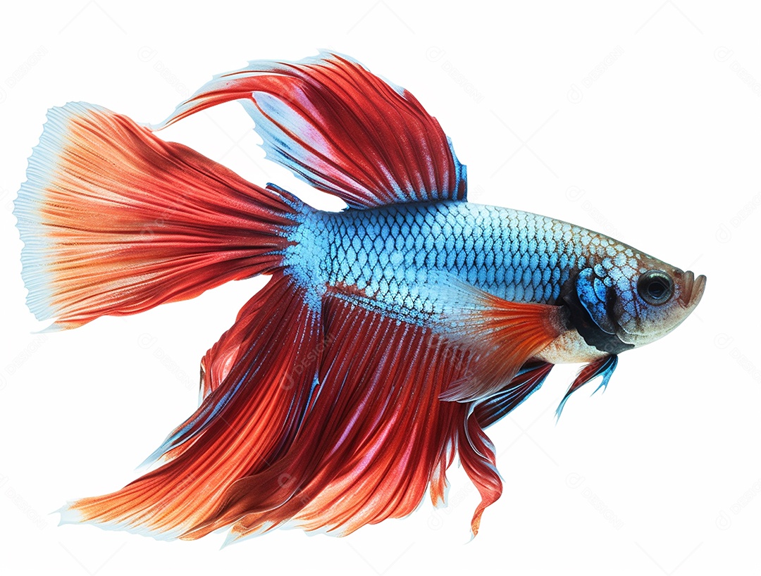 Peixe colorido nadando sobre fundo isolado branco.