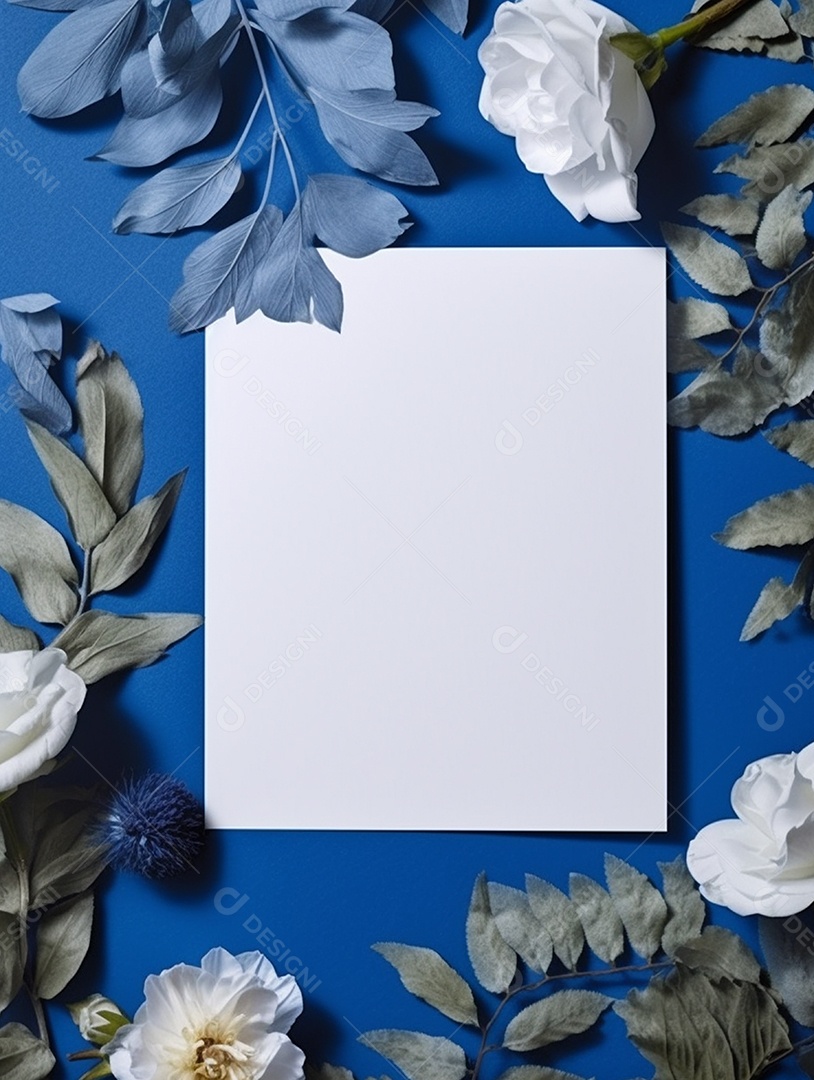 Papel em branco sobre fundo azul com flores.