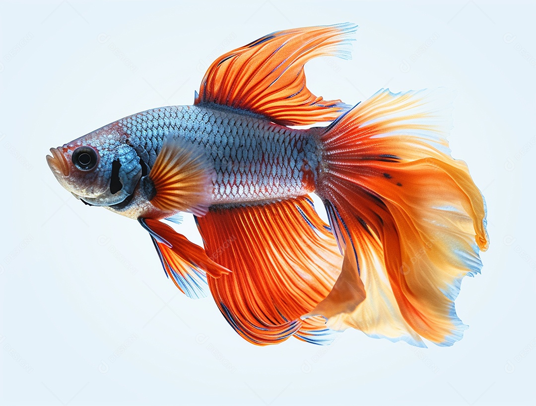 Peixe betta colorido nadando sobre fundo isolado branco.