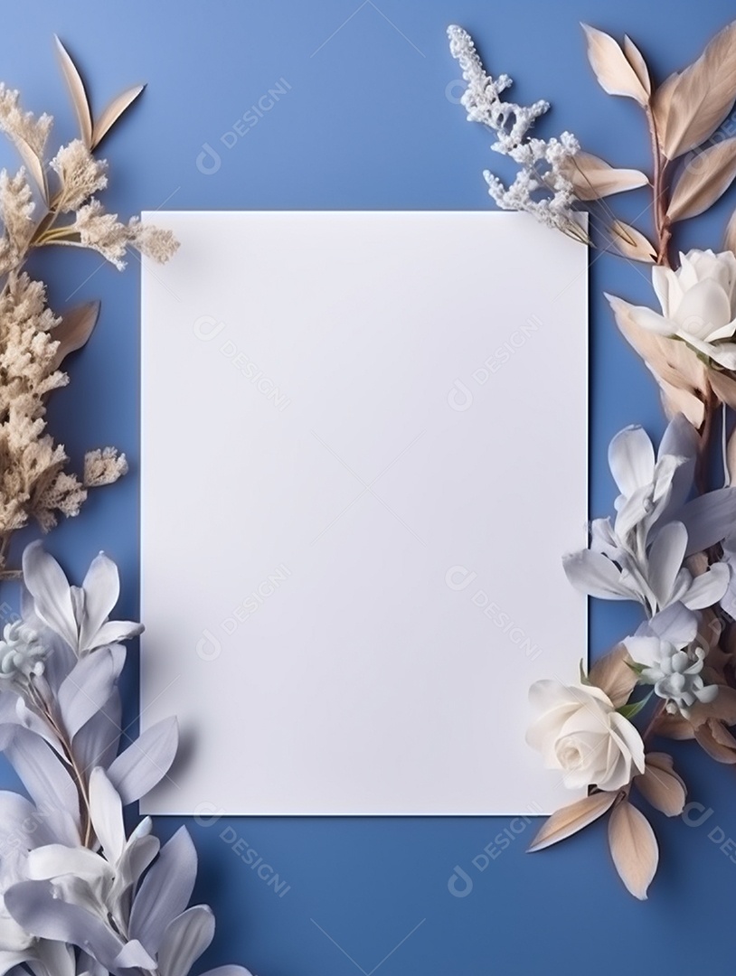 Papel em branco sobre fundo azul com flores brancas.