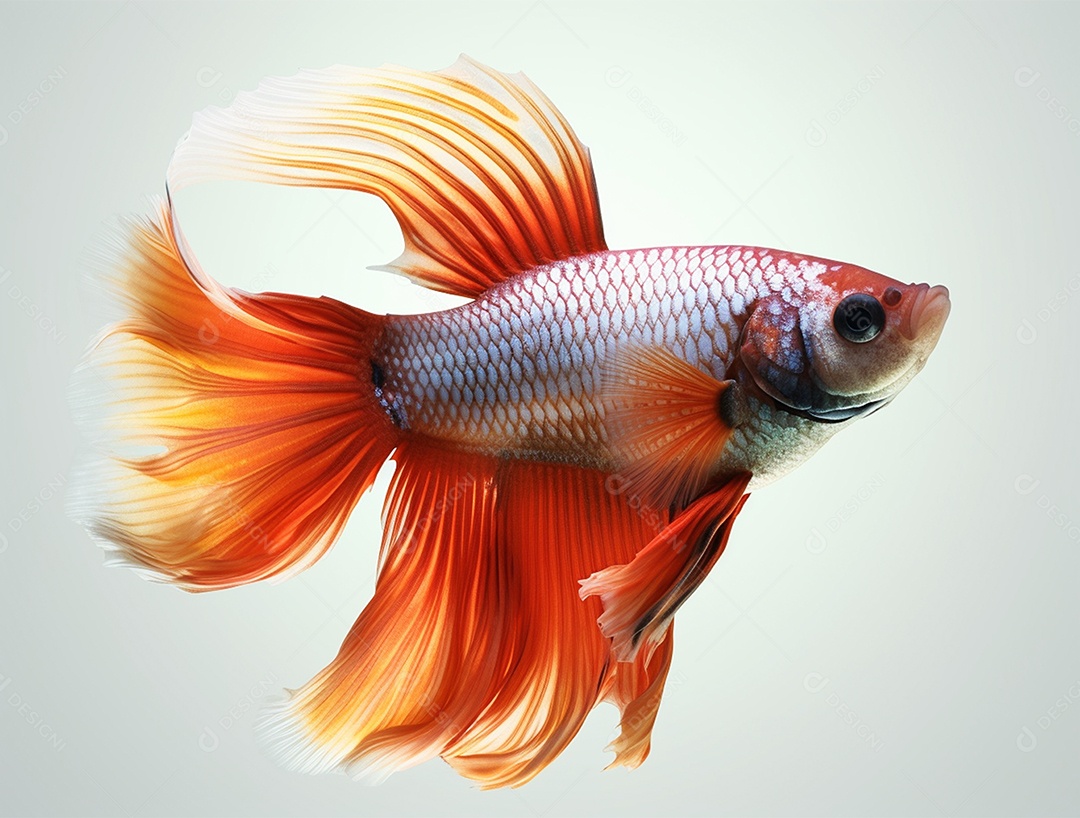 Peixe colorido nadando sobre fundo isolado branco.