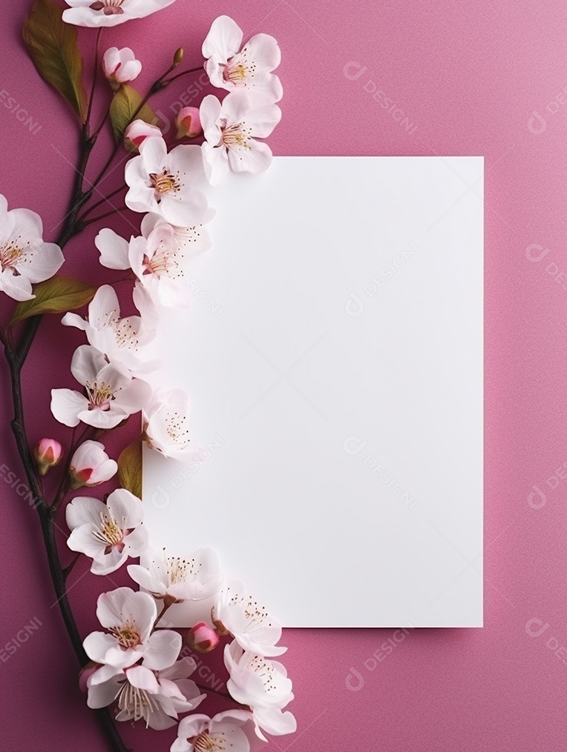 Papel em branco sobre fundo rosa com flores.