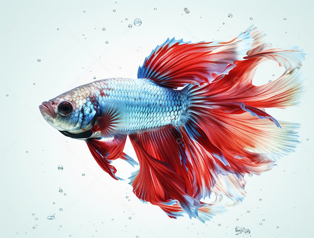 Peixe colorido nadando em torno de bolhas sobre fundo isolado branco.