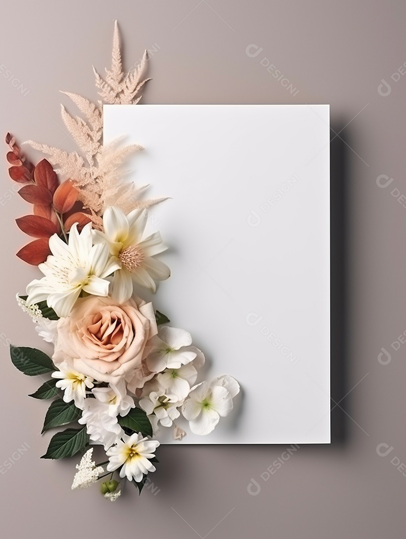 Papel em branco sobre fundo claro com buquê de flores.