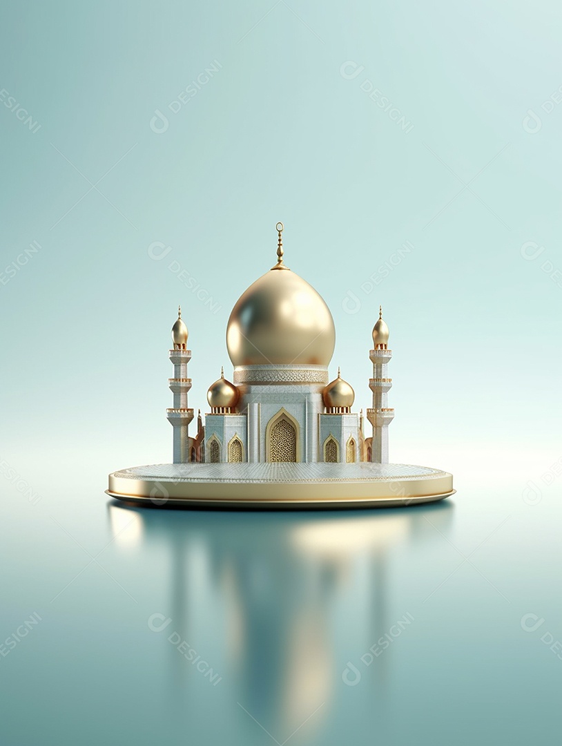 Mesquita islâmica bege com cúpula dourada.