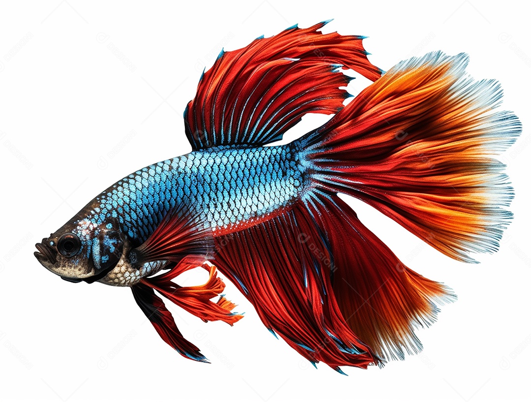 Peixe betta colorido nadando sobre fundo isolado branco.