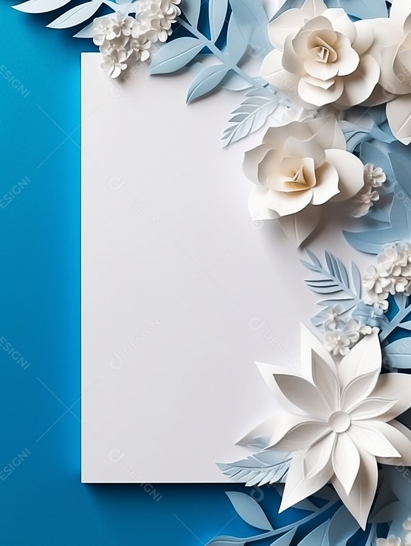 Papel em branco sobre fundo azul com buquê de flores.
