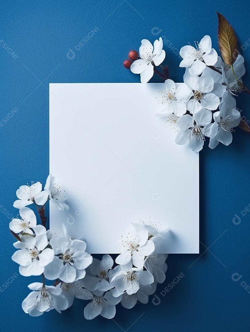 Papel em branco sobre fundo azul com flores.